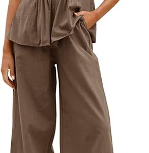 Tankaneo Womens 2 Piece Outfits Summer Strapless Tube Tops Wide Leg Pants Cotton Vacation Pleated Matching Lounge Set