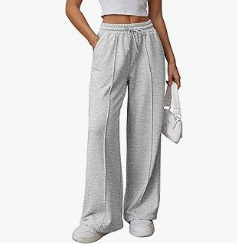 A woman wearing stylish grey ATHMILE high-waisted wide leg sweatpants, perfect for a comfortable and fashionable casual look.