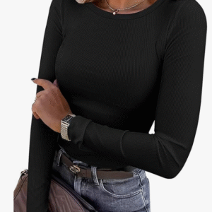 A woman wearing a black ANRABESS rib knit slim fit top, showcasing its textured fabric and modern, fitted design.