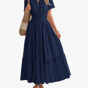 A confident woman wearing a stylish BTFBM floral print casual maxi dress outdoors.