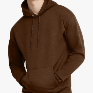 Person wearing a comfortable gray Hanes midweight fleece pullover hooded sweatshirt.