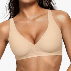 OEAK wireless deep V bra shown on a model, highlighting its comfortable support and stylish design for everyday wear.