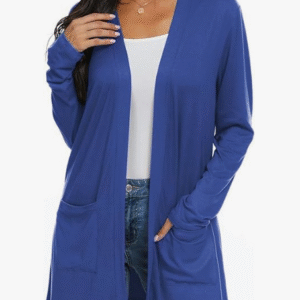 Woman wearing a stylish long sleeve open front cardigan from QIXING over a casual outfit.