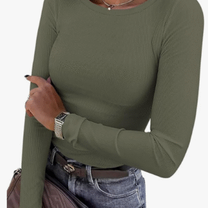 A woman wearing a comfortable and stylish form-fitting ribbed knit basic tee.