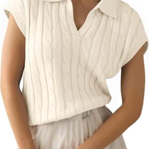 A woman styling a chic Saodimallsu v-neck polo sweater vest in a casual autumn outfit.