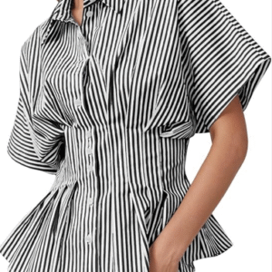 A woman wearing a stylish black and white striped peplum button-down shirt.
