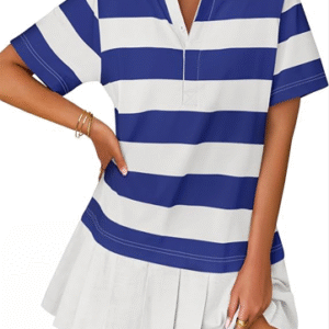 A woman wearing a stylish and comfortable ZESICA casual short sleeve tunic shirt dress.